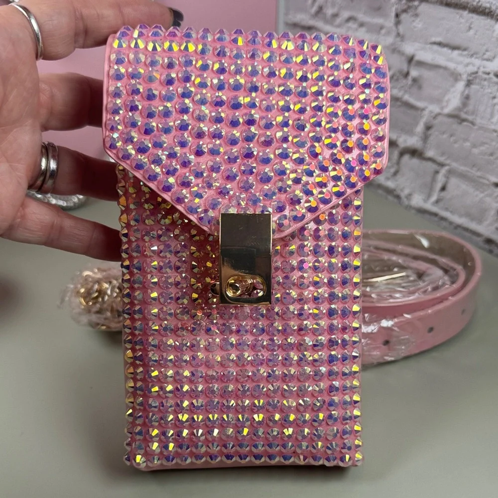 Glamorous Pink Rhinestone Phone Case with Chain Strap